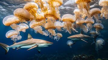 Coral reef with jellyfish and shark in the Red Sea. photo