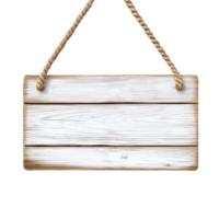Empty white wooden mockup sign hanging with rope on isolated transparent background, perfect for adding Copy space for text png
