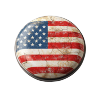 3d icon Cracked united states flag rendered on glossy round button, symbolizing political discourse against transparent backdrop png
