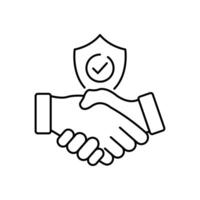 Handshake and shield line icon. International agreement concept with check mark. World partnership linear symbol. isolated on white vector