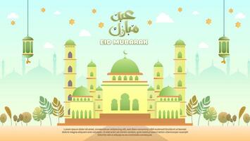 Ramadan Kareem design for banners, posters, greeting cards, and covers, featuring a mosque and Arabic script in a gradient flat style. vector