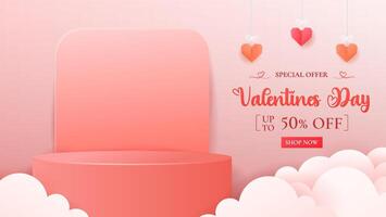 Happy Valentines Day with a stage podium adorned with heart shaped decorations. vector