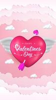 3D Valentines Day design showcasing a heart with wings and romantic elements, ideal for flyers and love inspired projects. vector