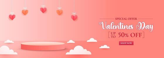 Happy Valentines Day with a stage podium adorned with heart shaped ornaments vector