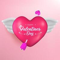 3D Valentines Day design showcasing a heart with wings and romantic details, ideal for flyers and love themed projects. vector