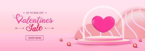 3D romantic Valentine composition featuring festive decorative elements with realistic podium and heart, perfect for flyers, showcasing product. vector