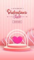 3D Valentines Day composition with festive decorations, a realistic podium, and a heart, ideal for flyers and product displays. vector