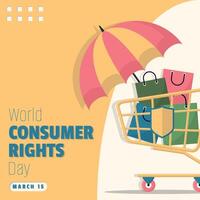 World Consumer Rights Day Poster. Shopping trolley protected by umbrella vector