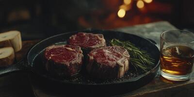 stack of round beef steaks, placed on an iron pan with rosemary and whiskey next to it photo