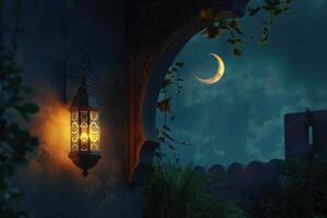 A glowing lantern hanging on the wall of an ancient house at night with a crescent moon in the sky background photo