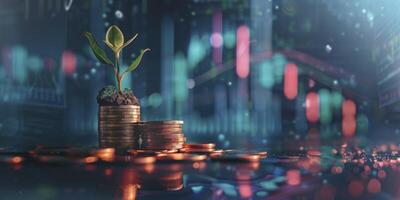 A Stack of Coins with a Small Plant Sprout Growing Out of It, Against an Upward Stock Chart Background photo