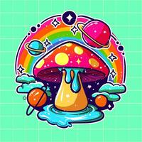 Tribal psychedelic art of a colorful mushroom on water with liquid pouring out of it. Acid trippy fungus with rainbow and planets. vector