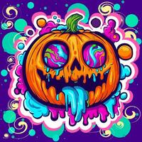 Trippy colorful pumpkin surrounded by a color explosion and liquid burst. Halloween concept of a psychedelic orange squash. vector
