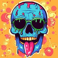Psychedelic illustration of a colorful skull with sunglasses and tongue out. Acid trippy zombie head with pink liquid lsd. vector