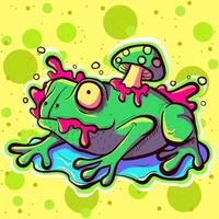 Psychedelic frog with a mushroom on its back. Green trippy acid toad surrounded by pink slime and water. vector