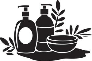 A black and white illustration of a bottle of shampoo and a soap on a soap case vector