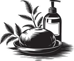 A black and white drawing of soap and shampoo bottle vector