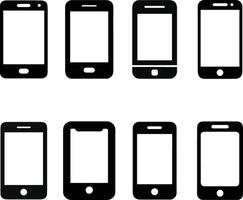 A set of simple, black silhouettes of different smartphone models, showcasing diverse designs and screen sizes. vector