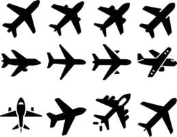 A set of twelve simple, black silhouette airplane icons, showing various types of aircraft from different angles. vector