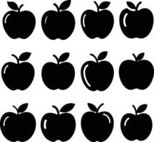 A simple, graphic design featuring nine identical black silhouette apples against a pure white background. vector