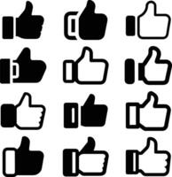 A set of twelve simple, black and white thumbs-up icons, showcasing various combinations of filled and outlined icons. vector