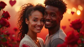 Romantic Valentine's Day portrait of a smiling couple surrounded by red roses and hearts photo