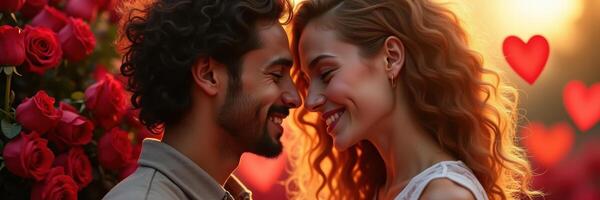 Romantic couple smiles tenderly in front of red roses and floating heart symbols photo
