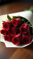 Romantic bouquet of rich red roses wrapped in delicate paper on wooden floor photo