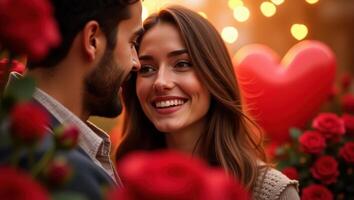 Romantic moment of a loving couple surrounded by roses and heart bokeh on Valentine's Day photo