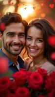 Romantic Valentine's Day Couple Portrait with Red Roses and Heart String Lights photo