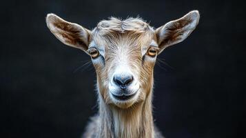 Charming goat with curious eyes in a serene setting photo
