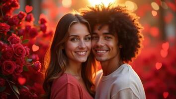 Romantic Valentine's Day couple with loving smiles surrounded by red hearts and roses photo