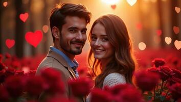 Romantic Couple Smiling in a Rose Garden with Heart Bokeh for Valentine's Day photo