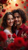 Romantic Couple embracing surrounded by red roses and hearts for Valentine's Day photo