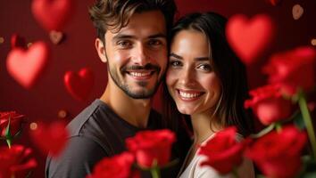 Romantic Couple portrait with red roses and hearts for Valentine's Day celebration photo