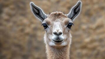 Close-up of a curious llama with attentive gaze photo