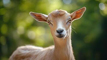 Calm goat with soft fur in a sunlit meadow. photo