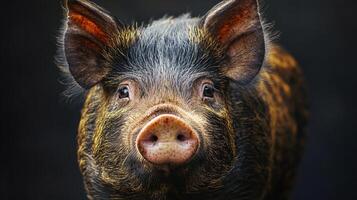 Adorable piglet with distinct markings and bright eyes. photo
