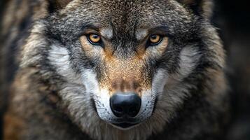 A wolf's piercing gaze captured in detailed portrait photo