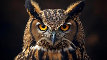 Majestic owl with piercing eyes and intricate pattern. photo