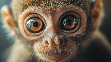 Wide-eyed young monkey with intense curious gaze photo