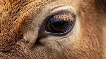 Close-up of a cow's eye with detailed fur texture. photo