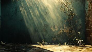Sun-drenched wall with climbing vines casting shadows photo