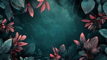 Lush red and green leaf border with serene center. photo