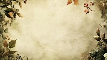 Rustic floral border on textured parchment-like canvas. photo