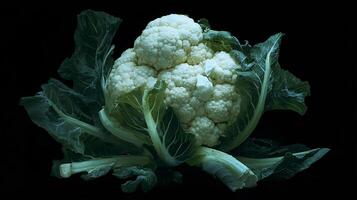 Whole cauliflower with leaves on black background view. photo