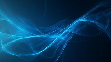 Flowing blue neon waves on a dark reflective surface photo