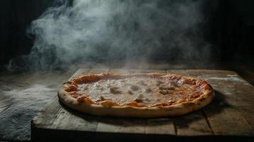 Mushroom Pizza with Thin Cheese Layer and Rising Steam photo