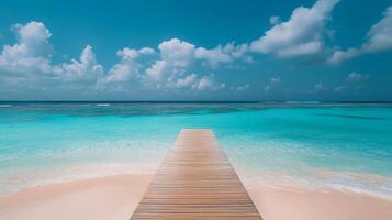 Endless boardwalk leading to turquoise ocean view photo