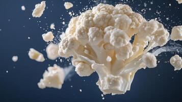 Exploding cauliflower in motion with dynamic energy view. photo